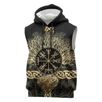 Vegvisir Compass Viking Sleeveless Hoodie with Yggdrasil Tree and Axe Symbols Norse Mythology Tribute - Wonder Print Shop