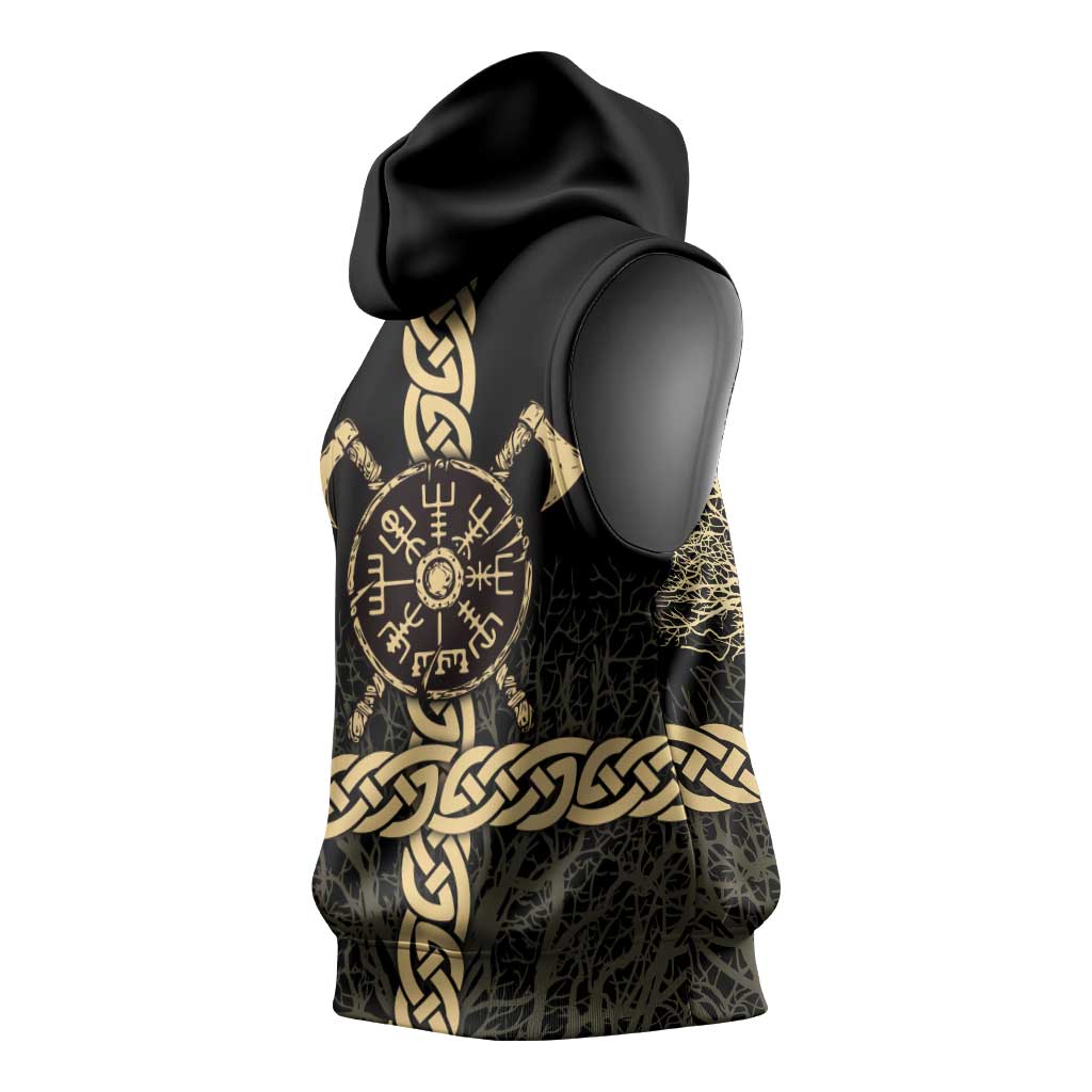Vegvisir Compass Viking Sleeveless Hoodie with Yggdrasil Tree and Axe Symbols Norse Mythology Tribute - Wonder Print Shop