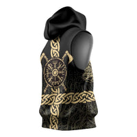 Vegvisir Compass Viking Sleeveless Hoodie with Yggdrasil Tree and Axe Symbols Norse Mythology Tribute - Wonder Print Shop