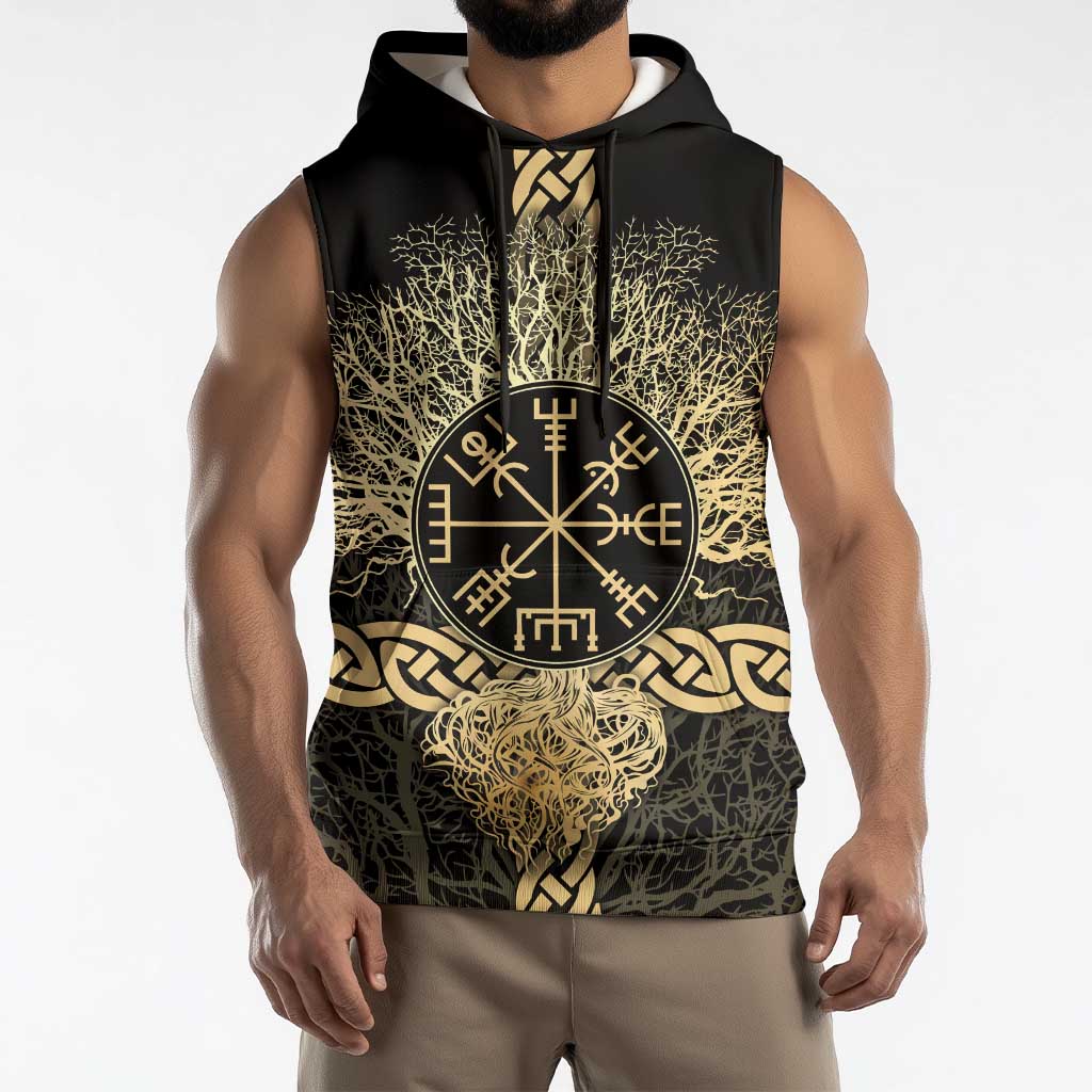Vegvisir Compass Viking Sleeveless Hoodie with Yggdrasil Tree and Axe Symbols Norse Mythology Tribute - Wonder Print Shop