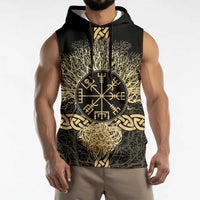 Vegvisir Compass Viking Sleeveless Hoodie with Yggdrasil Tree and Axe Symbols Norse Mythology Tribute - Wonder Print Shop
