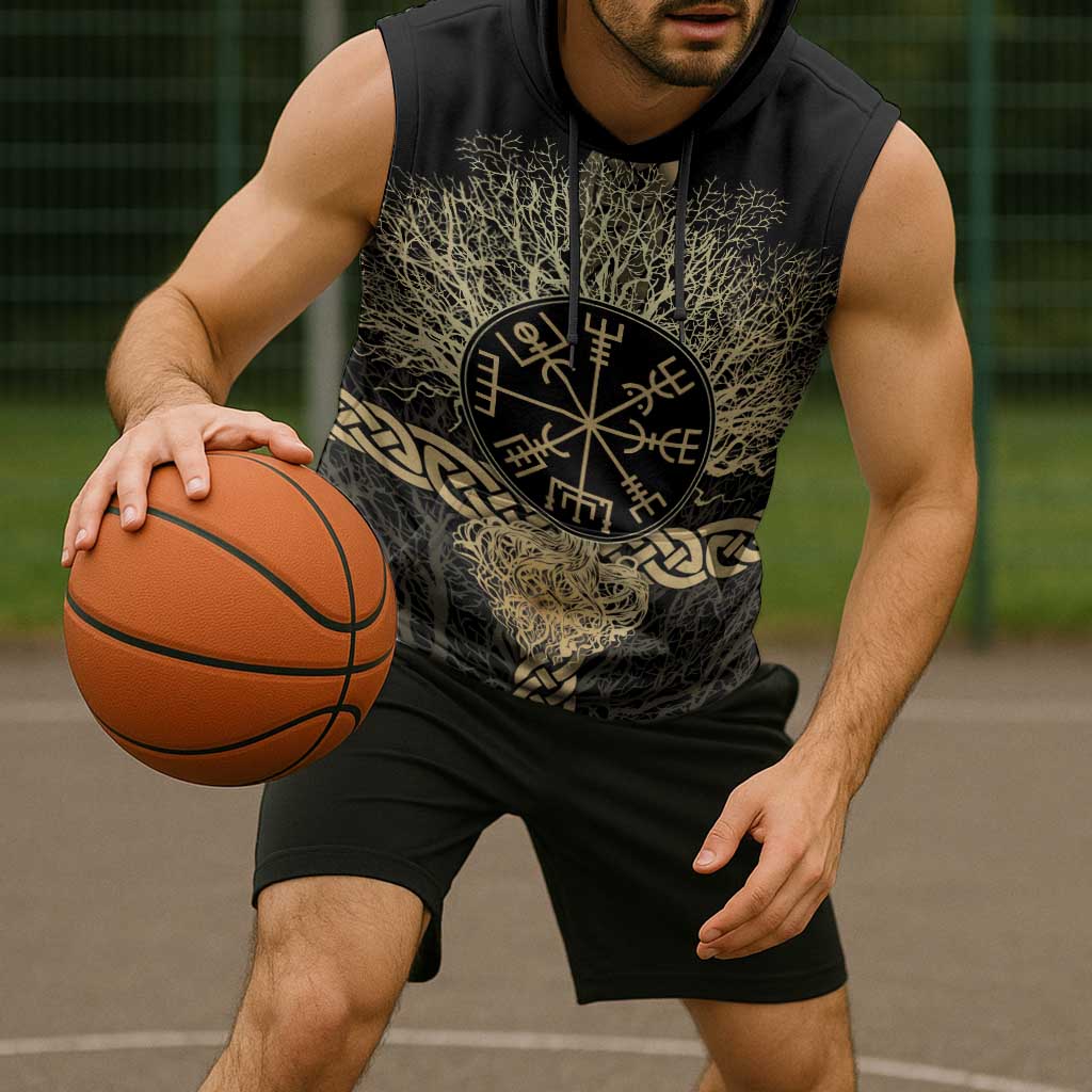 Vegvisir Compass Viking Sleeveless Hoodie with Yggdrasil Tree and Axe Symbols Norse Mythology Tribute - Wonder Print Shop