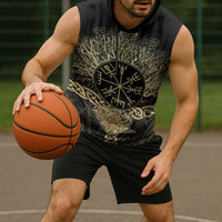 Vegvisir Compass Viking Sleeveless Hoodie with Yggdrasil Tree and Axe Symbols Norse Mythology Tribute - Wonder Print Shop