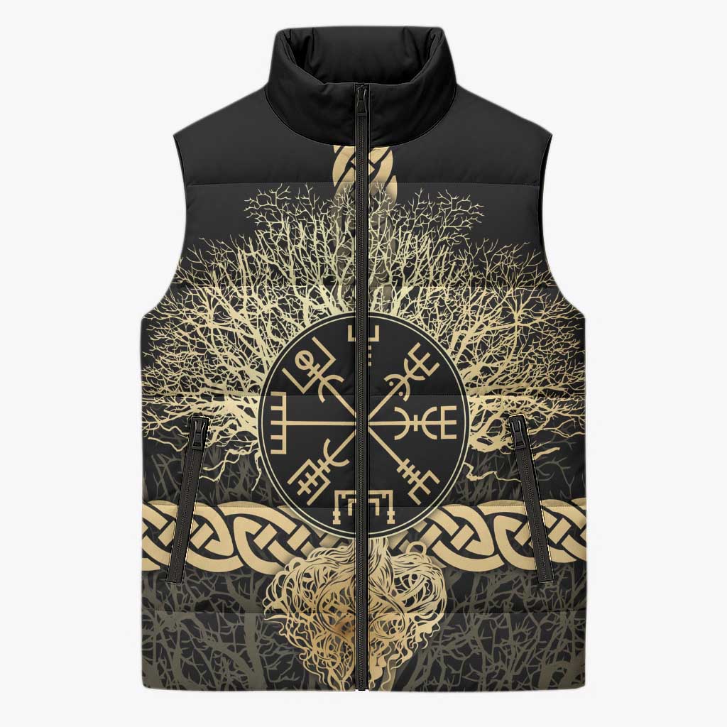 Vegvisir Compass Viking Sleeveless Puffer Jacket with Yggdrasil Tree and Axe Symbols Norse Mythology Tribute - Wonder Print Shop