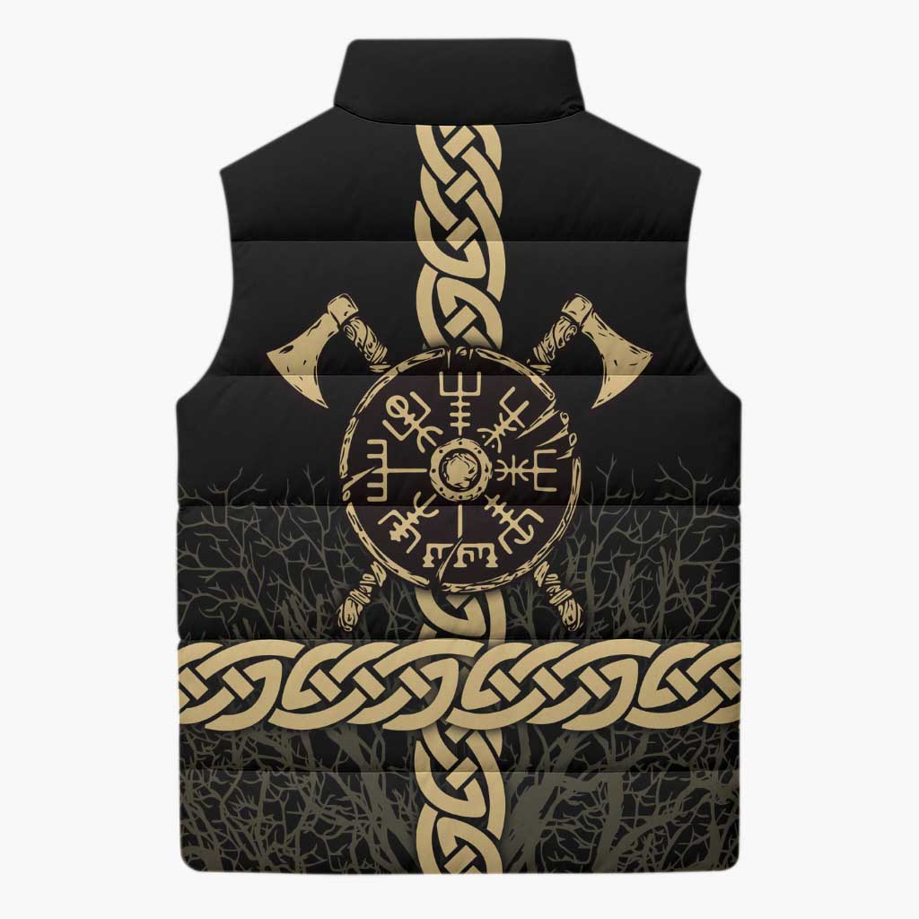 Vegvisir Compass Viking Sleeveless Puffer Jacket with Yggdrasil Tree and Axe Symbols Norse Mythology Tribute - Wonder Print Shop