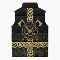 Vegvisir Compass Viking Sleeveless Puffer Jacket with Yggdrasil Tree and Axe Symbols Norse Mythology Tribute - Wonder Print Shop
