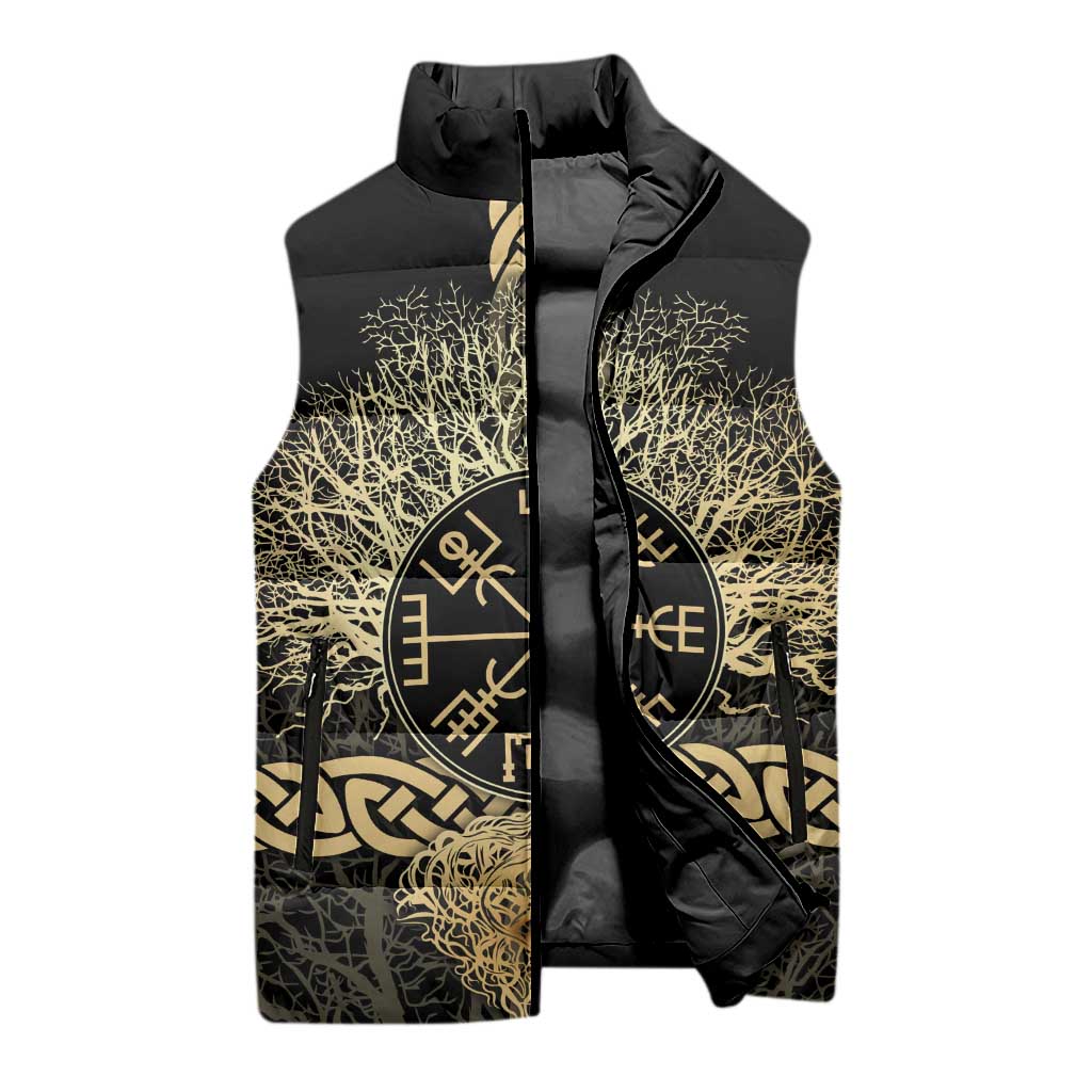 Vegvisir Compass Viking Sleeveless Puffer Jacket with Yggdrasil Tree and Axe Symbols Norse Mythology Tribute - Wonder Print Shop