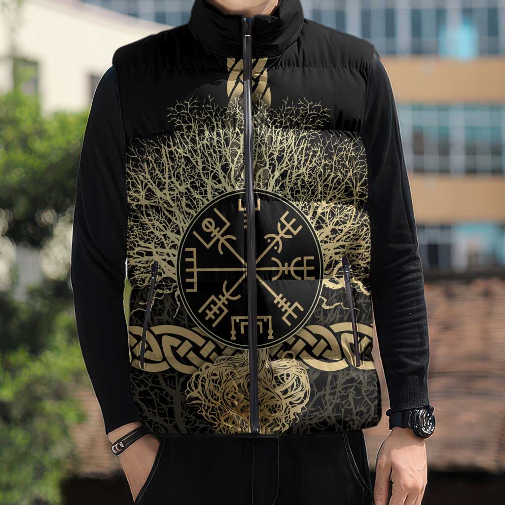 Vegvisir Compass Viking Sleeveless Puffer Jacket with Yggdrasil Tree and Axe Symbols Norse Mythology Tribute - Wonder Print Shop
