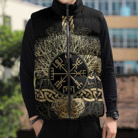 Vegvisir Compass Viking Sleeveless Puffer Jacket with Yggdrasil Tree and Axe Symbols Norse Mythology Tribute - Wonder Print Shop