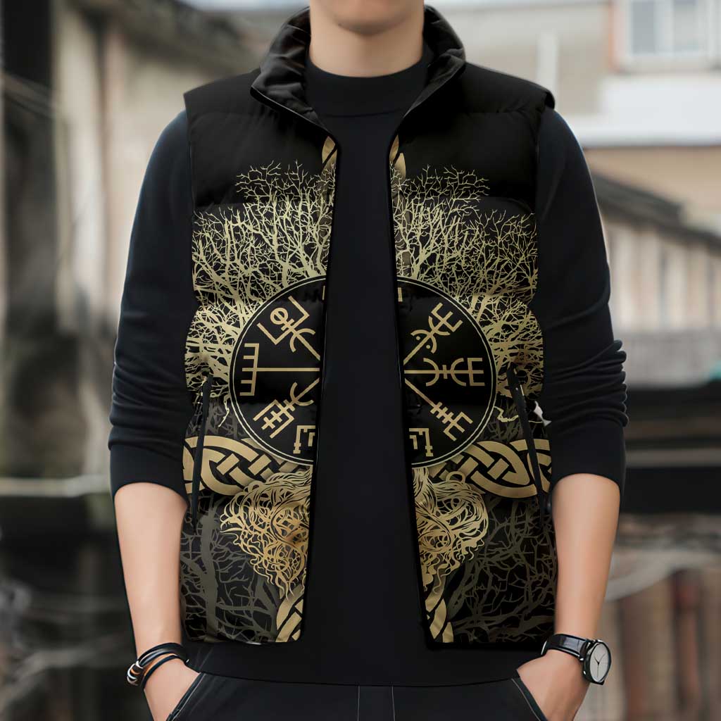 Vegvisir Compass Viking Sleeveless Puffer Jacket with Yggdrasil Tree and Axe Symbols Norse Mythology Tribute - Wonder Print Shop