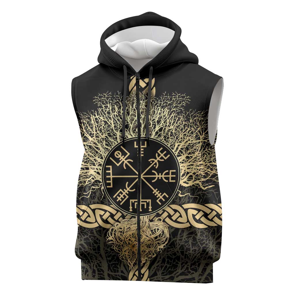 Vegvisir Compass Viking Sleeveless Zip Hoodie with Yggdrasil Tree and Axe Symbols Norse Mythology Tribute - Wonder Print Shop