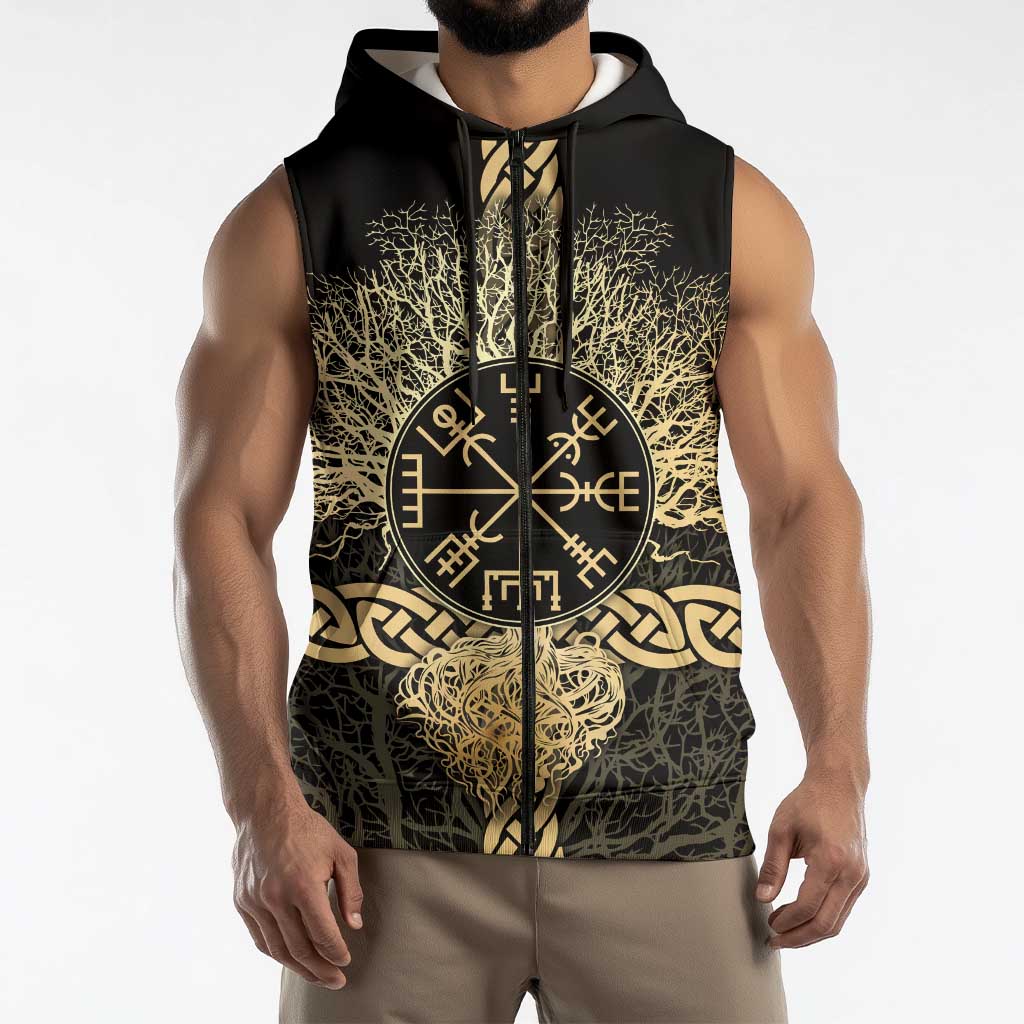 Vegvisir Compass Viking Sleeveless Zip Hoodie with Yggdrasil Tree and Axe Symbols Norse Mythology Tribute - Wonder Print Shop