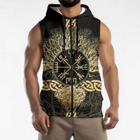 Vegvisir Compass Viking Sleeveless Zip Hoodie with Yggdrasil Tree and Axe Symbols Norse Mythology Tribute - Wonder Print Shop