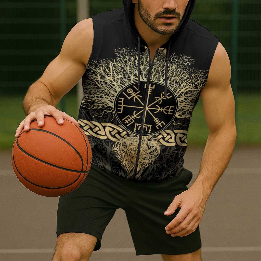 Vegvisir Compass Viking Sleeveless Zip Hoodie with Yggdrasil Tree and Axe Symbols Norse Mythology Tribute - Wonder Print Shop