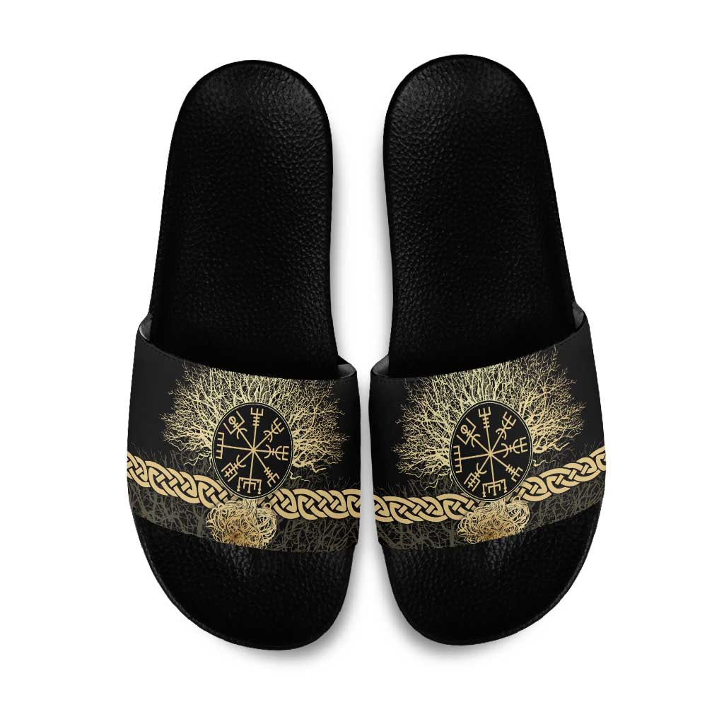 Vegvisir Compass Viking Slide Sandals with Yggdrasil Tree and Axe Symbols Norse Mythology Tribute - Wonder Print Shop