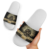 Vegvisir Compass Viking Slide Sandals with Yggdrasil Tree and Axe Symbols Norse Mythology Tribute - Wonder Print Shop