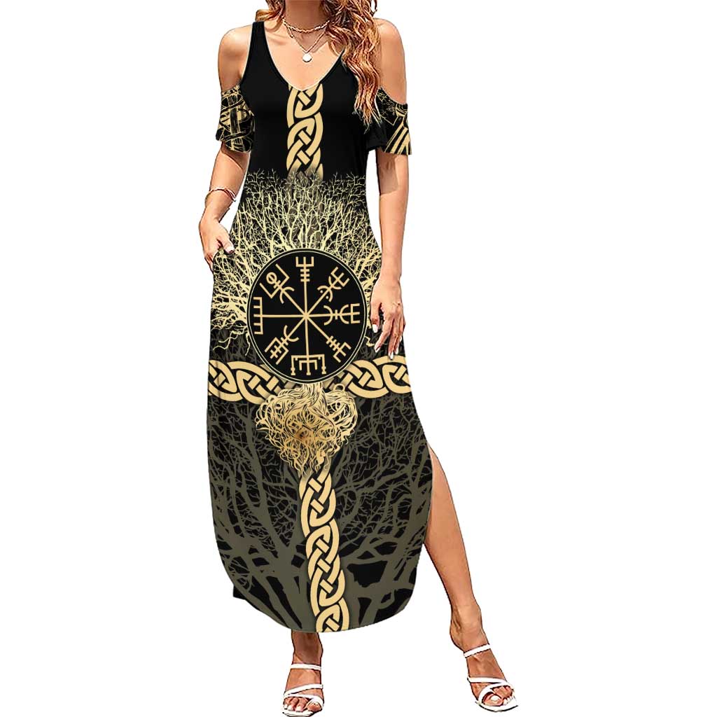 Vegvisir Compass Viking Summer Maxi Dress with Yggdrasil Tree and Axe Symbols Norse Mythology Tribute - Wonder Print Shop