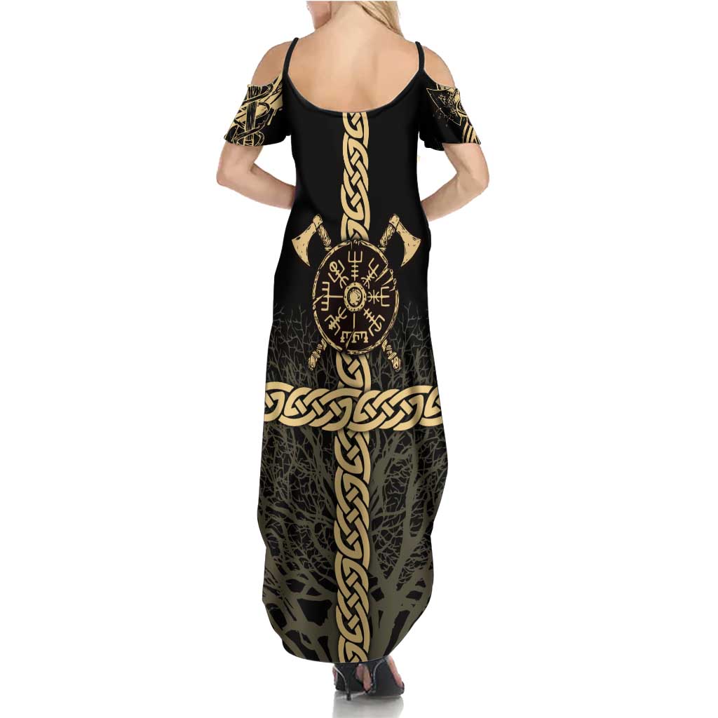 Vegvisir Compass Viking Summer Maxi Dress with Yggdrasil Tree and Axe Symbols Norse Mythology Tribute - Wonder Print Shop