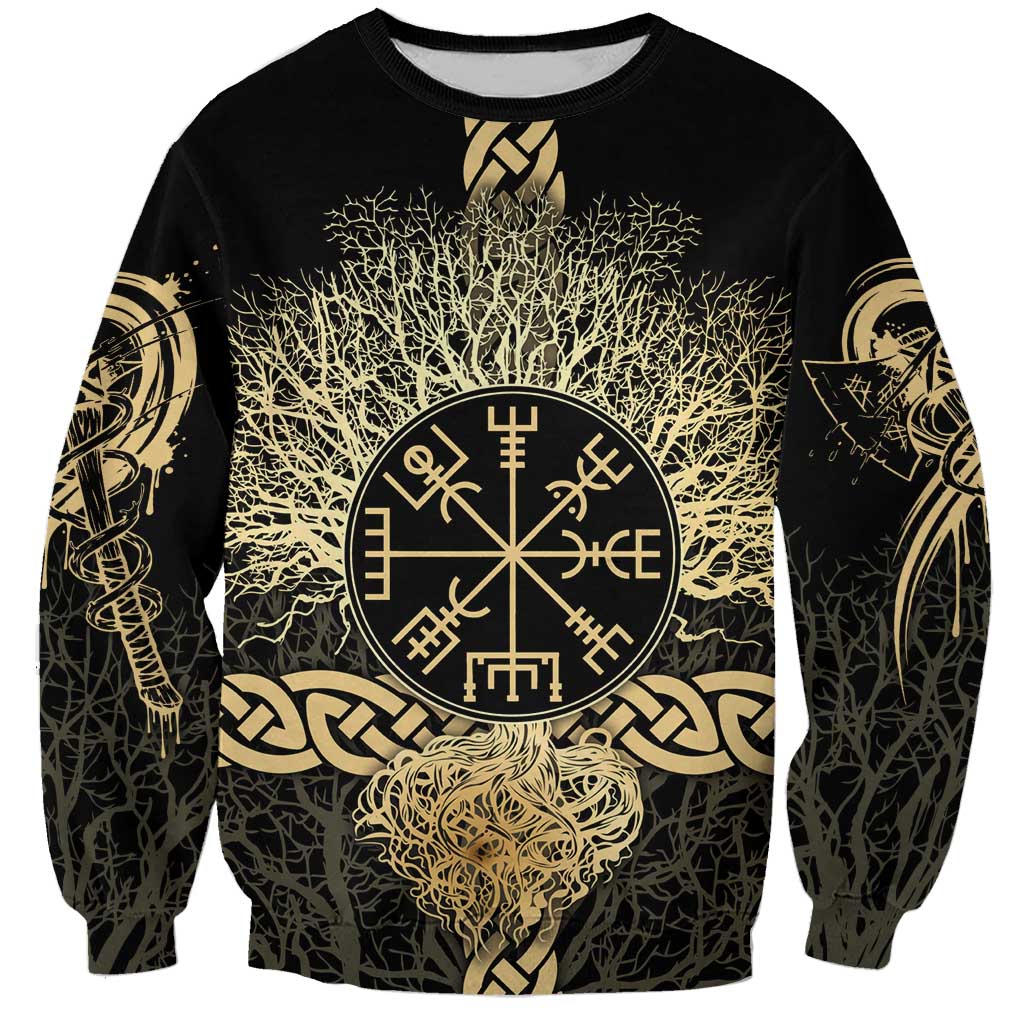 Vegvisir Compass Viking Sweatshirt with Yggdrasil Tree and Axe Symbols Norse Mythology Tribute - Wonder Print Shop