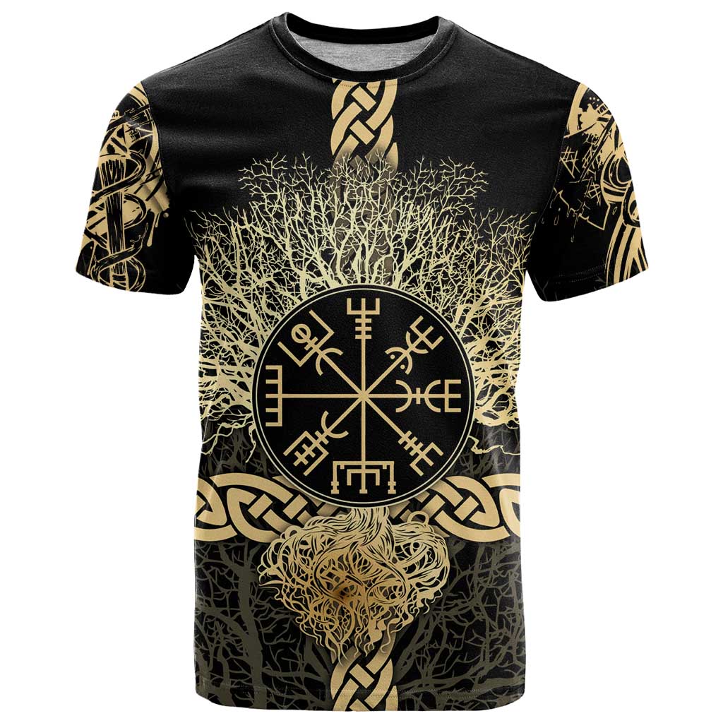 Vegvisir Compass Viking T Shirt with Yggdrasil Tree and Axe Symbols Norse Mythology Tribute - Wonder Print Shop