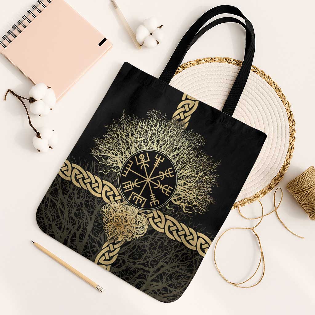 Vegvisir Compass Viking Tote Bag with Yggdrasil Tree and Axe Symbols Norse Mythology Tribute - Wonder Print Shop