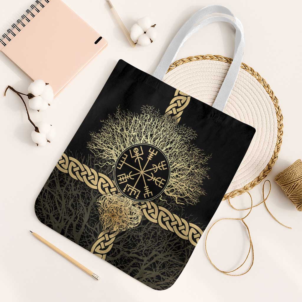 Vegvisir Compass Viking Tote Bag with Yggdrasil Tree and Axe Symbols Norse Mythology Tribute - Wonder Print Shop