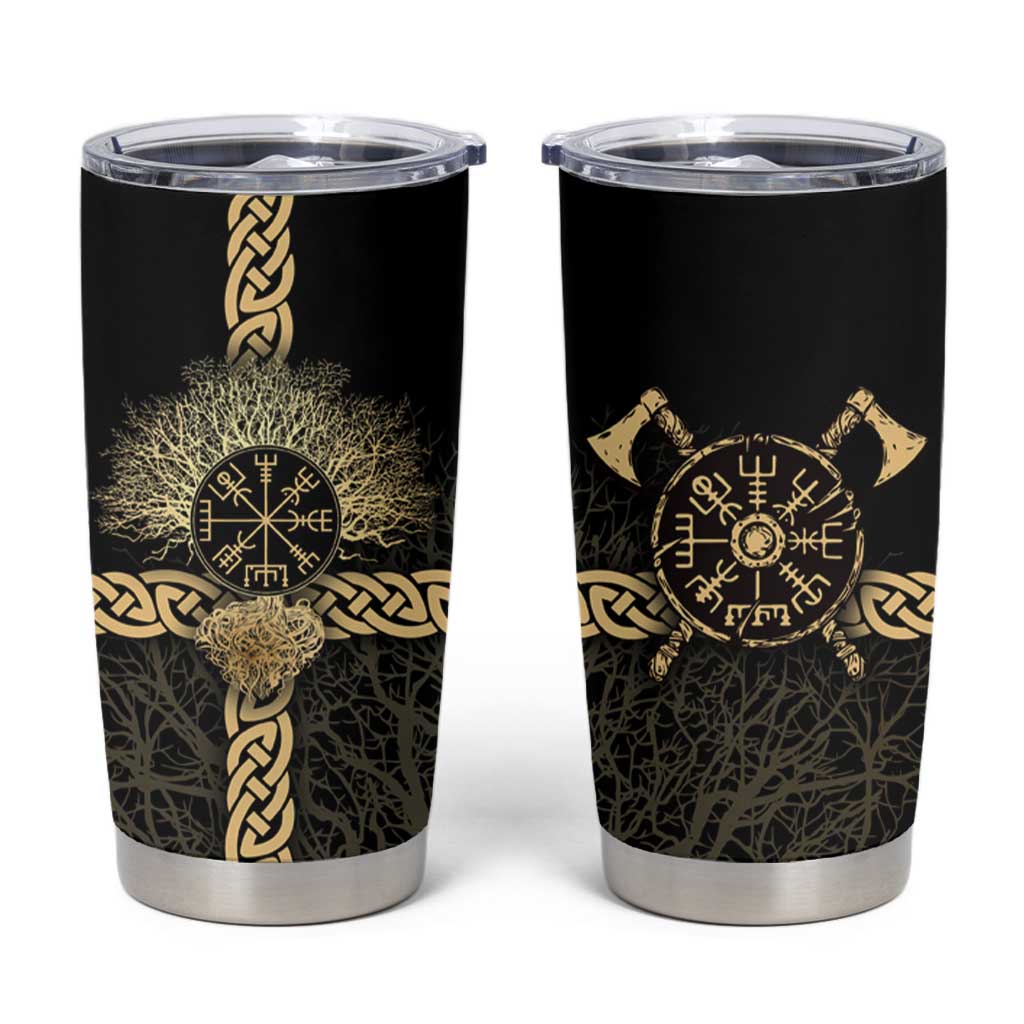 Vegvisir Compass Viking Tumbler Cup with Yggdrasil Tree and Axe Symbols Norse Mythology Tribute - Wonder Print Shop