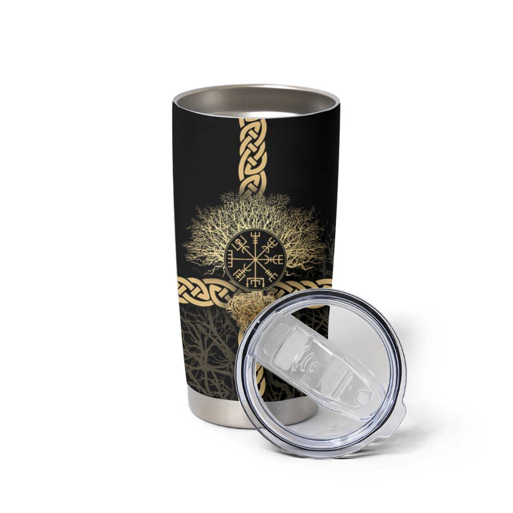 Vegvisir Compass Viking Tumbler Cup with Yggdrasil Tree and Axe Symbols Norse Mythology Tribute - Wonder Print Shop