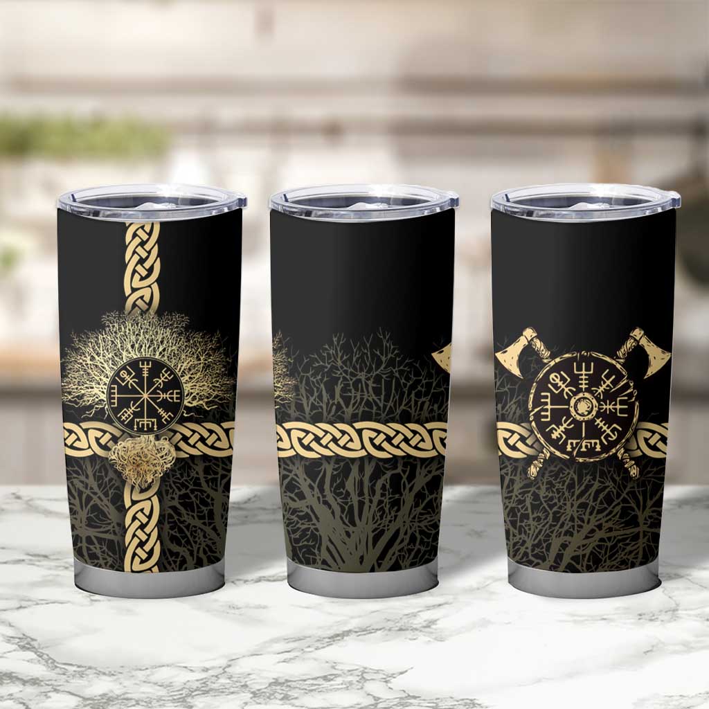 Vegvisir Compass Viking Tumbler Cup with Yggdrasil Tree and Axe Symbols Norse Mythology Tribute - Wonder Print Shop