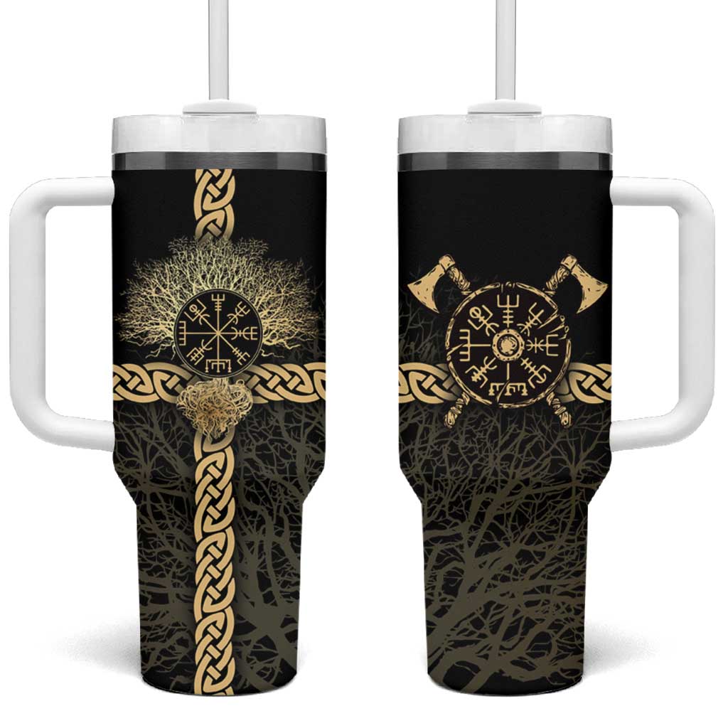 Vegvisir Compass Viking Tumbler With Handle with Yggdrasil Tree and Axe Symbols Norse Mythology Tribute - Wonder Print Shop