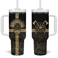 Vegvisir Compass Viking Tumbler With Handle with Yggdrasil Tree and Axe Symbols Norse Mythology Tribute - Wonder Print Shop