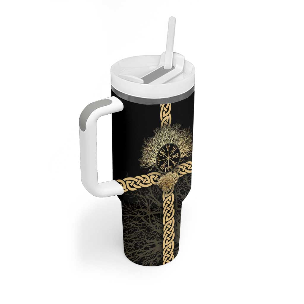Vegvisir Compass Viking Tumbler With Handle with Yggdrasil Tree and Axe Symbols Norse Mythology Tribute - Wonder Print Shop