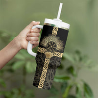 Vegvisir Compass Viking Tumbler With Handle with Yggdrasil Tree and Axe Symbols Norse Mythology Tribute - Wonder Print Shop