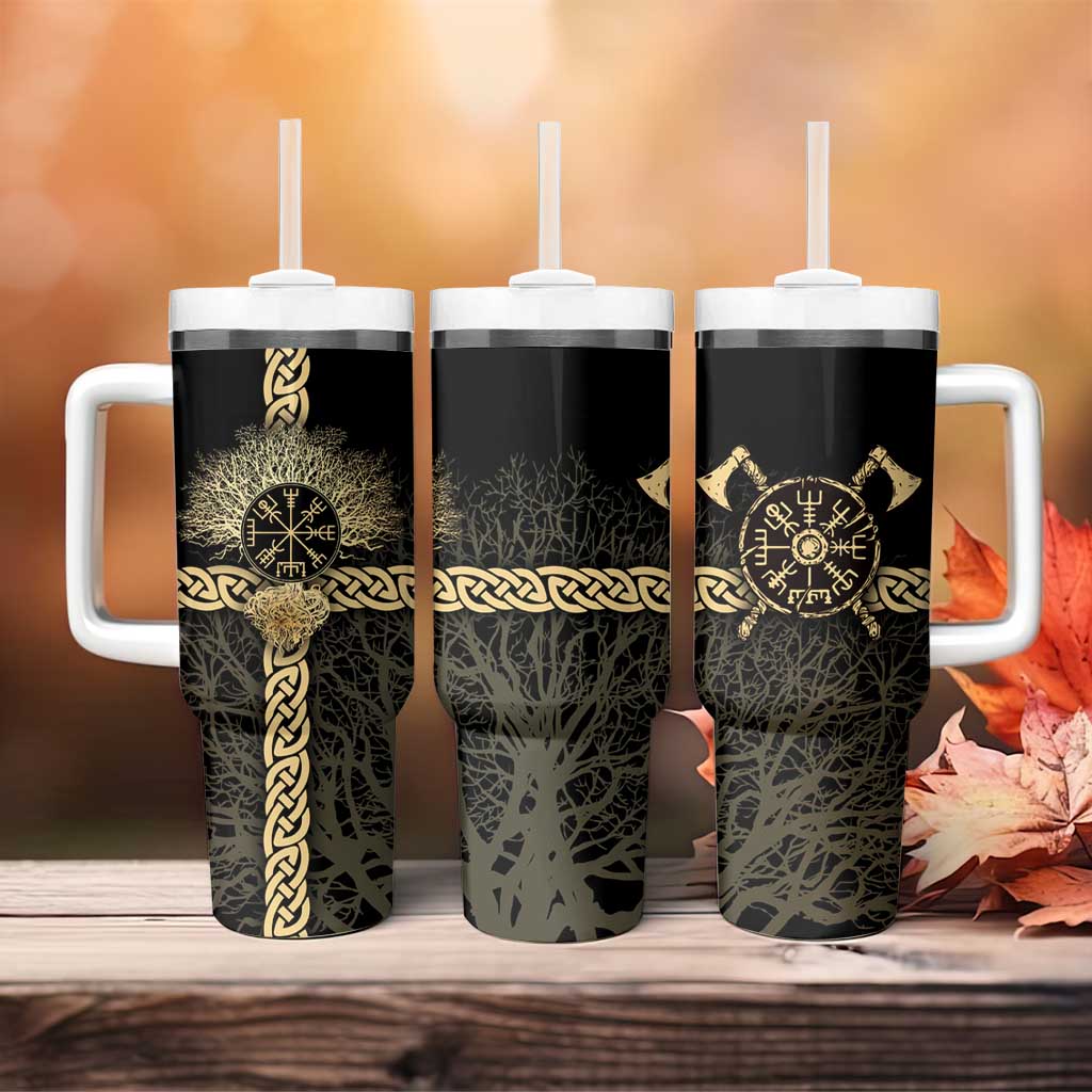 Vegvisir Compass Viking Tumbler With Handle with Yggdrasil Tree and Axe Symbols Norse Mythology Tribute - Wonder Print Shop