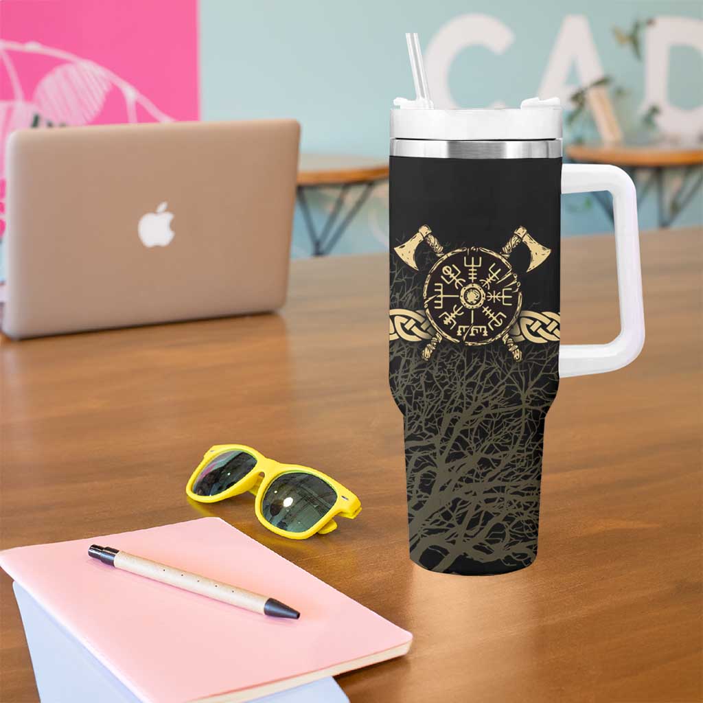 Vegvisir Compass Viking Tumbler With Handle with Yggdrasil Tree and Axe Symbols Norse Mythology Tribute - Wonder Print Shop