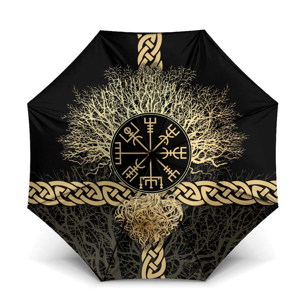 Vegvisir Compass Viking Umbrella with Yggdrasil Tree and Axe Symbols Norse Mythology Tribute - Wonder Print Shop