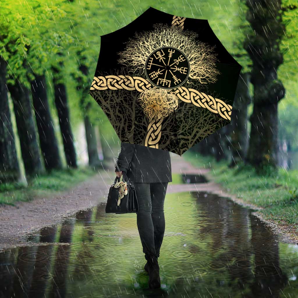 Vegvisir Compass Viking Umbrella with Yggdrasil Tree and Axe Symbols Norse Mythology Tribute - Wonder Print Shop