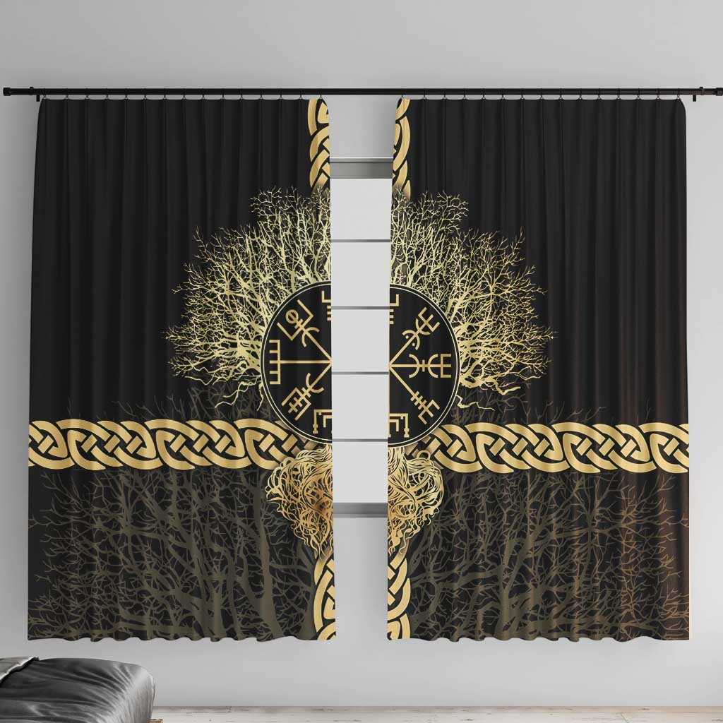 Vegvisir Compass Viking Window Curtain with Yggdrasil Tree and Axe Symbols Norse Mythology Tribute - Wonder Print Shop