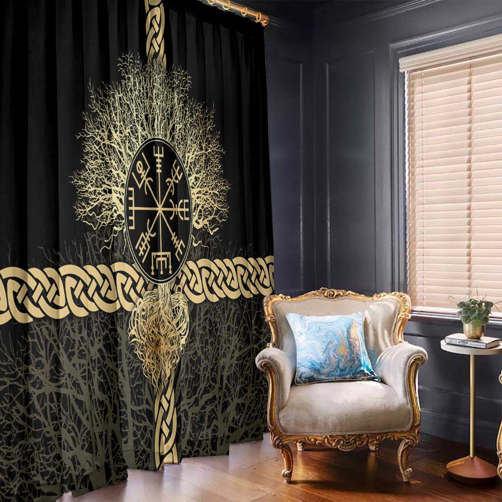 Vegvisir Compass Viking Window Curtain with Yggdrasil Tree and Axe Symbols Norse Mythology Tribute - Wonder Print Shop