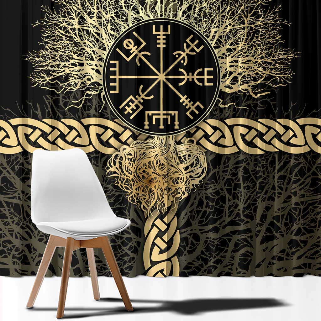 Vegvisir Compass Viking Window Curtain with Yggdrasil Tree and Axe Symbols Norse Mythology Tribute - Wonder Print Shop