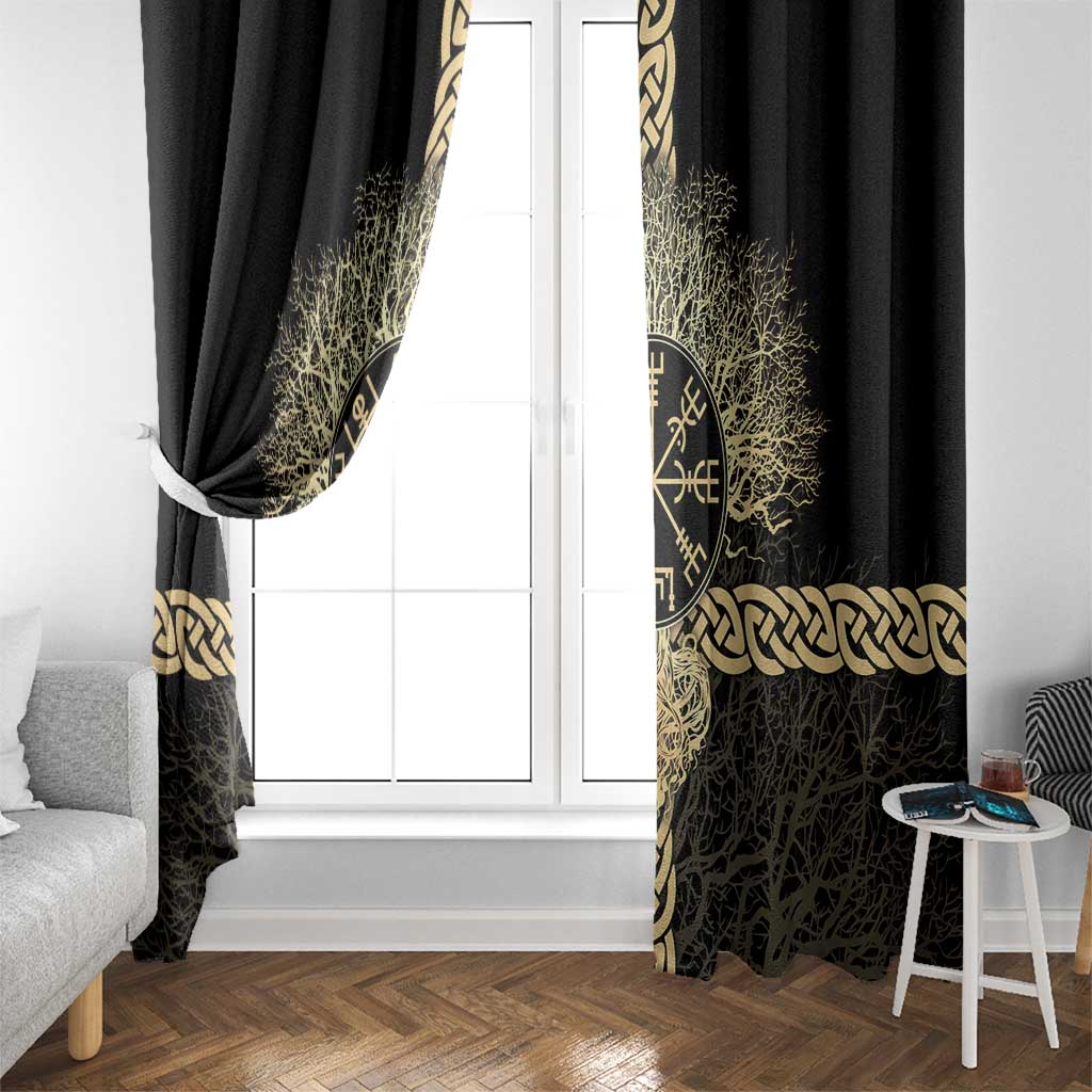 Vegvisir Compass Viking Window Curtain with Yggdrasil Tree and Axe Symbols Norse Mythology Tribute - Wonder Print Shop