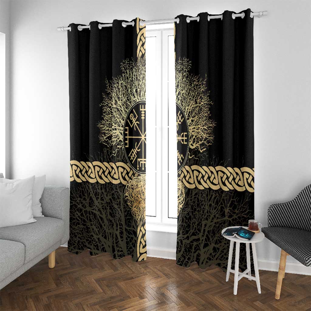 Vegvisir Compass Viking Window Curtain with Yggdrasil Tree and Axe Symbols Norse Mythology Tribute - Wonder Print Shop
