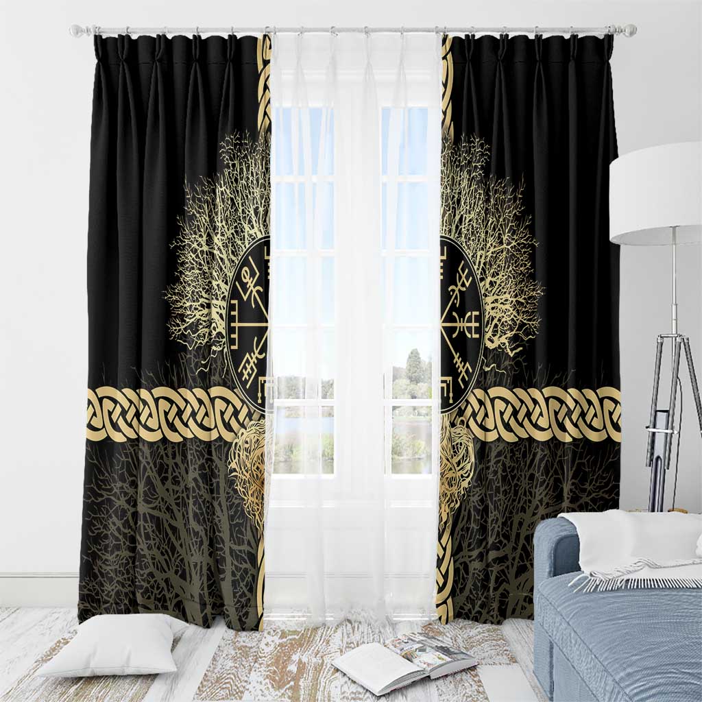 Vegvisir Compass Viking Window Curtain with Yggdrasil Tree and Axe Symbols Norse Mythology Tribute - Wonder Print Shop