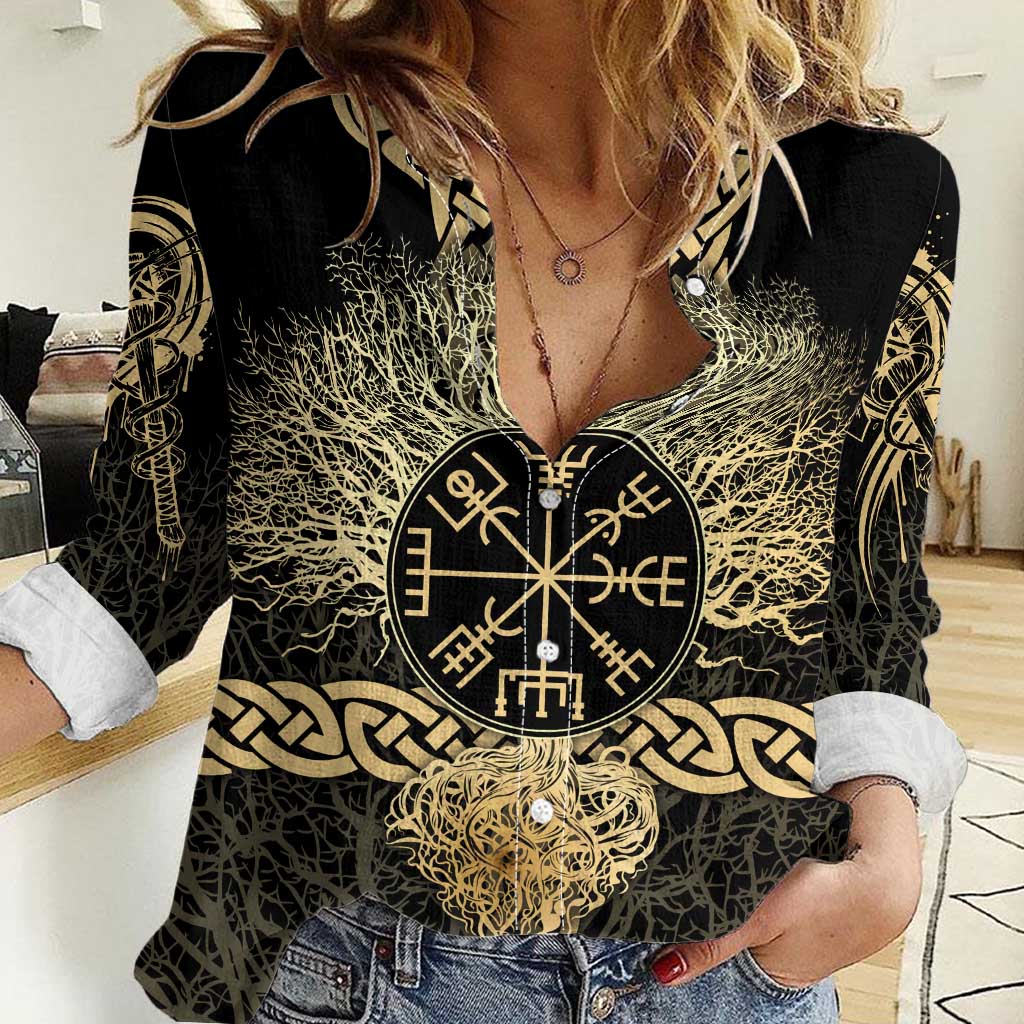 Vegvisir Compass Viking Women Casual Shirt with Yggdrasil Tree and Axe Symbols Norse Mythology Tribute - Wonder Print Shop