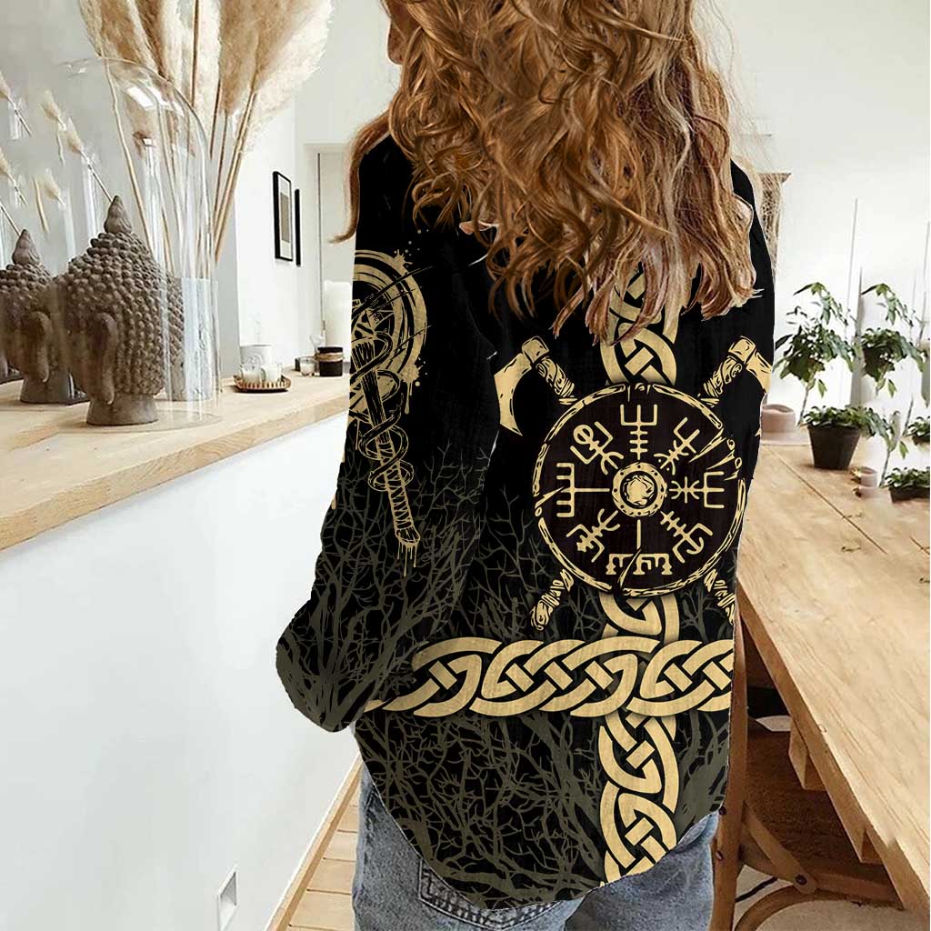 Vegvisir Compass Viking Women Casual Shirt with Yggdrasil Tree and Axe Symbols Norse Mythology Tribute - Wonder Print Shop