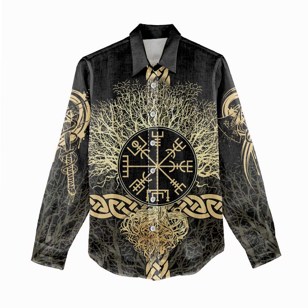 Vegvisir Compass Viking Women Casual Shirt with Yggdrasil Tree and Axe Symbols Norse Mythology Tribute - Wonder Print Shop