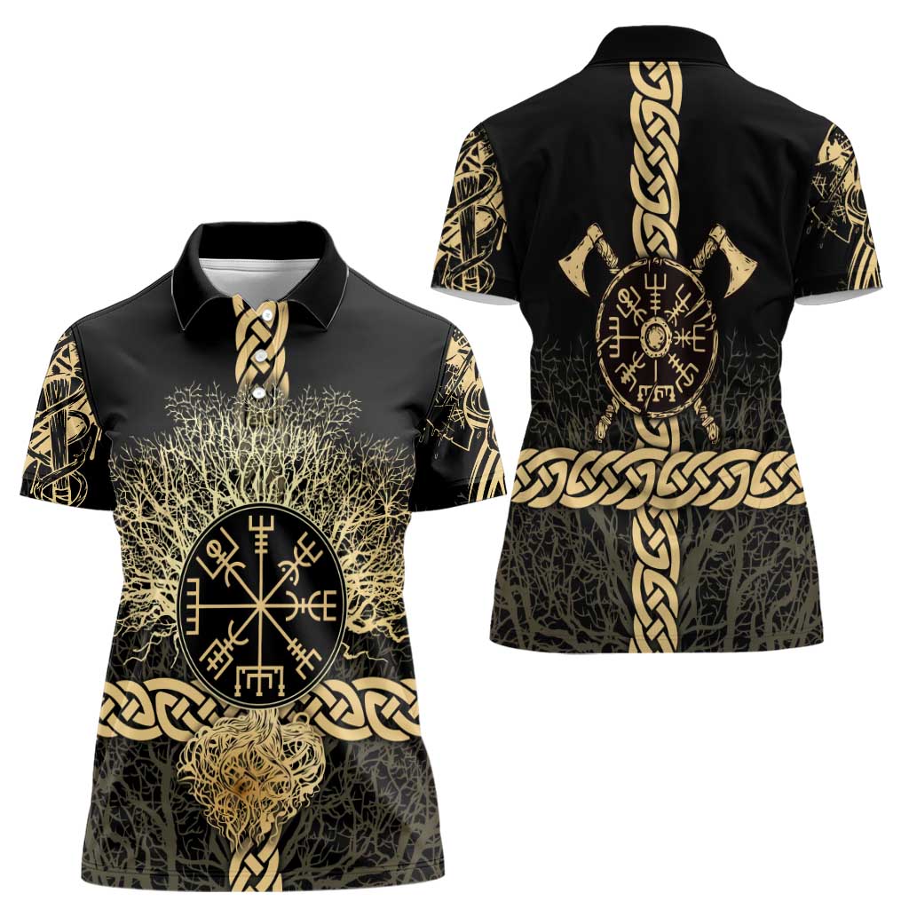 Vegvisir Compass Viking Women Polo Shirt with Yggdrasil Tree and Axe Symbols Norse Mythology Tribute - Wonder Print Shop