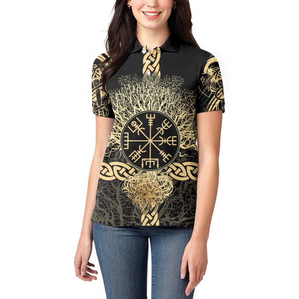 Vegvisir Compass Viking Women Polo Shirt with Yggdrasil Tree and Axe Symbols Norse Mythology Tribute - Wonder Print Shop