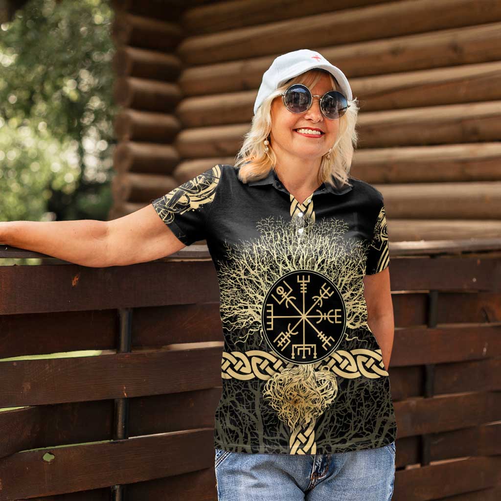 Vegvisir Compass Viking Women Polo Shirt with Yggdrasil Tree and Axe Symbols Norse Mythology Tribute - Wonder Print Shop