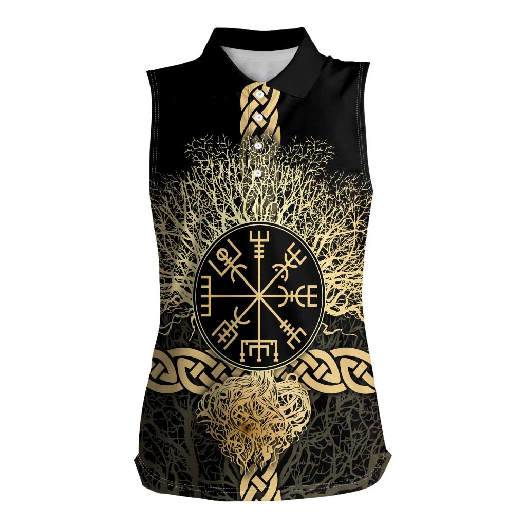 Vegvisir Compass Viking Women Sleeveless Polo Shirt with Yggdrasil Tree and Axe Symbols Norse Mythology Tribute - Wonder Print Shop